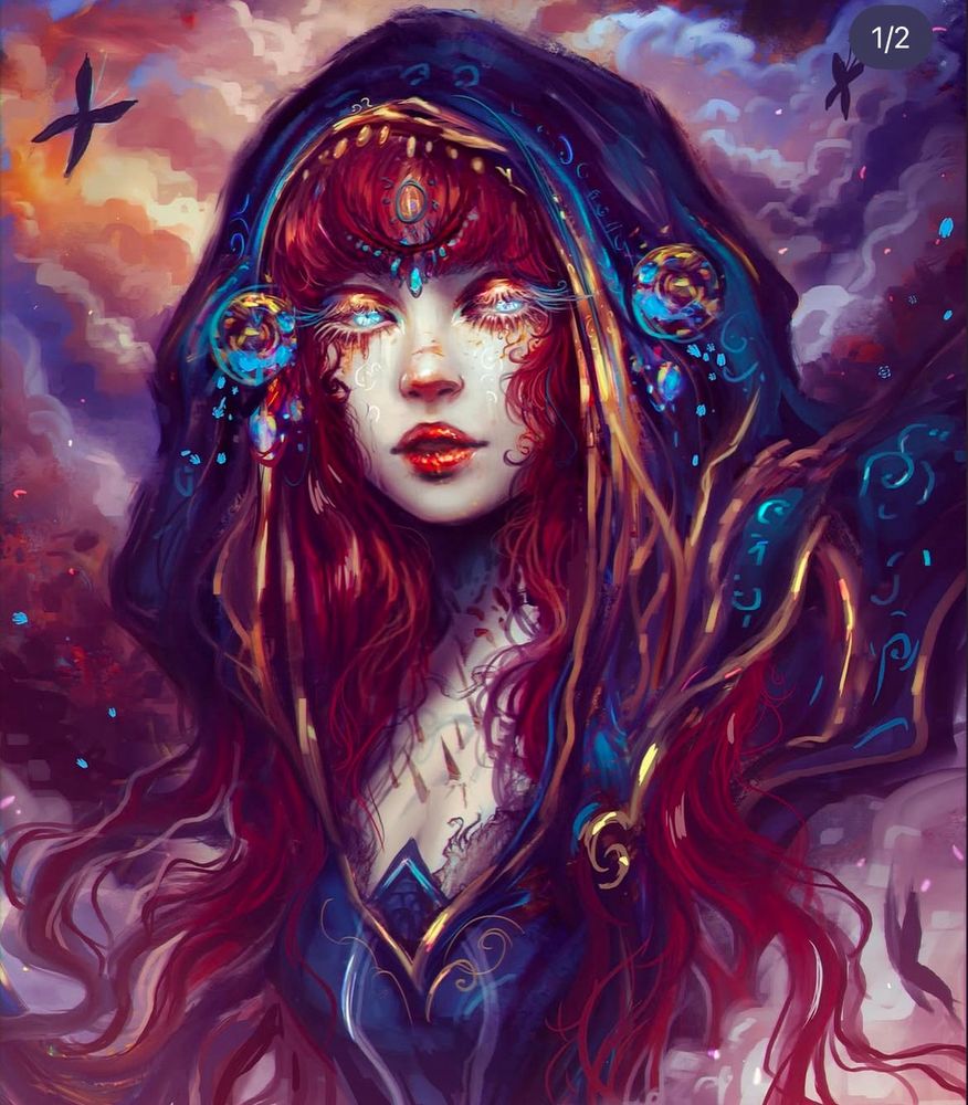 Hi digital painting of a character with red hair she has piercing blue and his white eyes. She’s wearing a fantasy outfit and looks mysterious. She’s partly in the cloud and she looks from another world with many rules and writing things all over her.