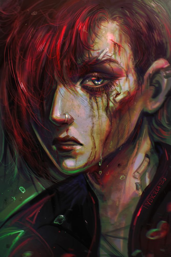 A portrait from buy from a cane she’s looking beaten up and mixed emotions. We have red and greens.