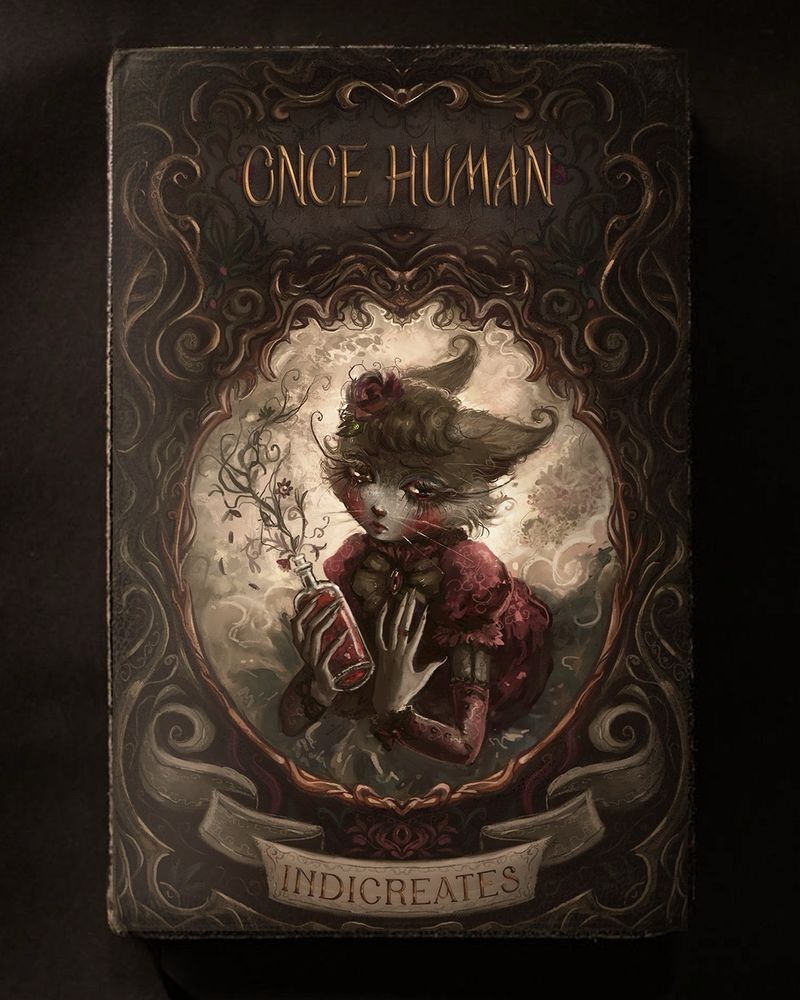A decorative moody book cover with a cat humanoid woman dressed in a cute dress holding a mysterious bottle and looking sad.