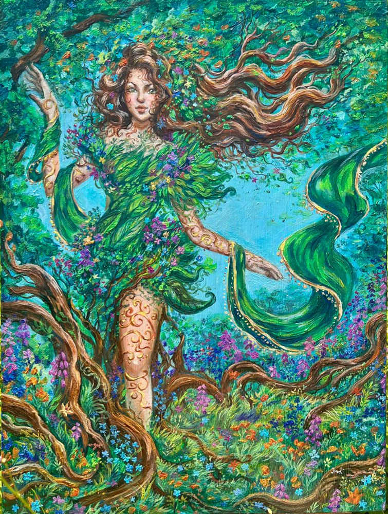 A dreamy oil painting of a woman that is partly plant 