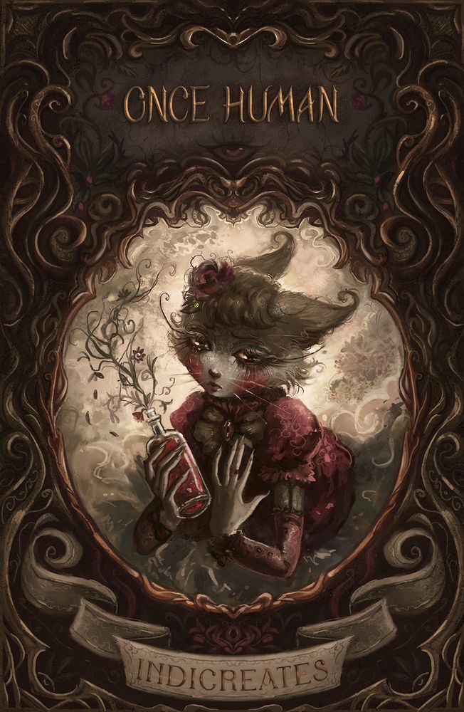 A decorative moody book cover with a cat humanoid woman dressed in a cute dress holding a mysterious bottle and looking sad.