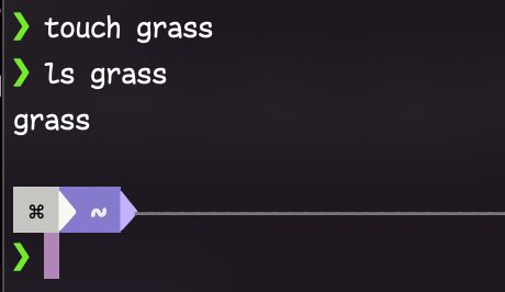 A Zsh terminal, showing the results of running "touch grass" followed by "ls grass".