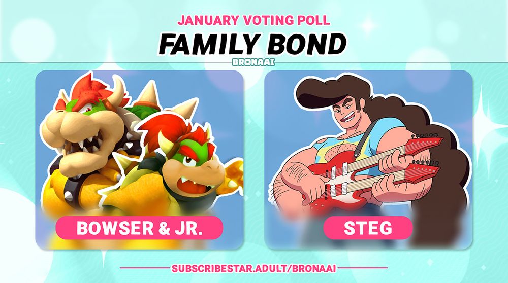 Graphic Image showing two options (Bowser/Jr. and Steg) for voting.
#bronaai-nonart