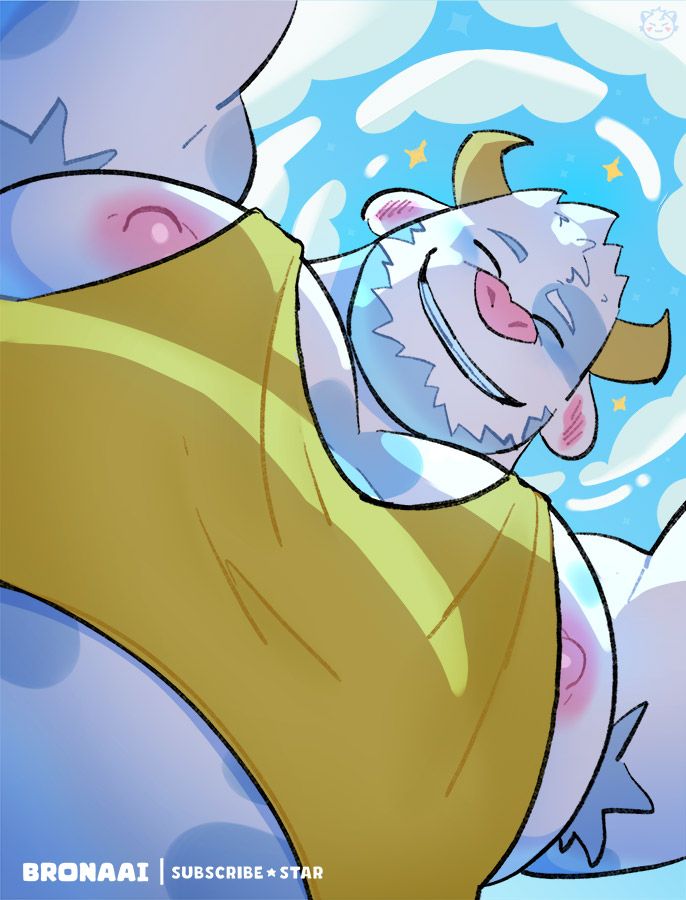 Illustration of Anthro Cow Furry Man, looking down at viewer with a happy smile. Wearing a Yellow Tanktop and his chest/belly sticking out, under a blue stary sky. #bronaai-art
