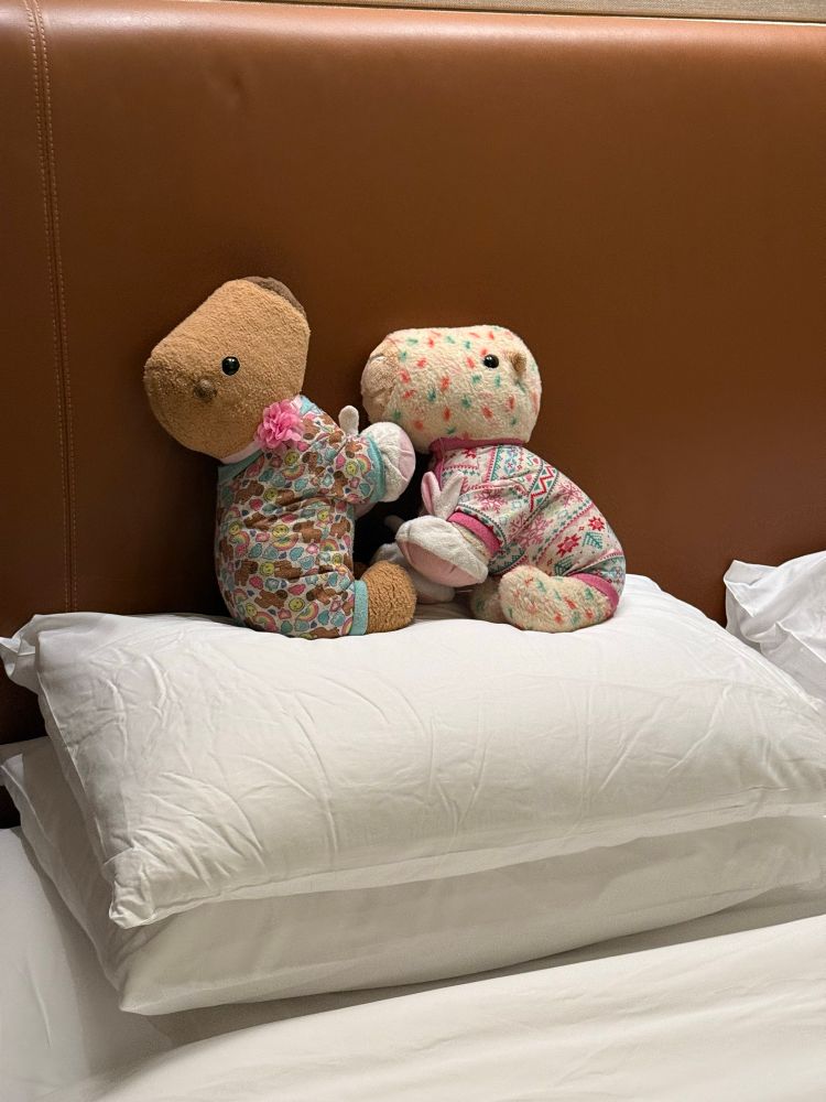 Two capybara plushies on top of a pillow, arranged to look like they’re playing 