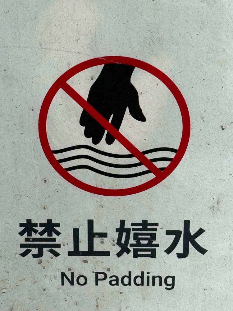A sign Junie passed by a river in China. It has a crossed out hand touching some wavy lines and says “no padding” in english. In chinese it says 禁止嬉水
