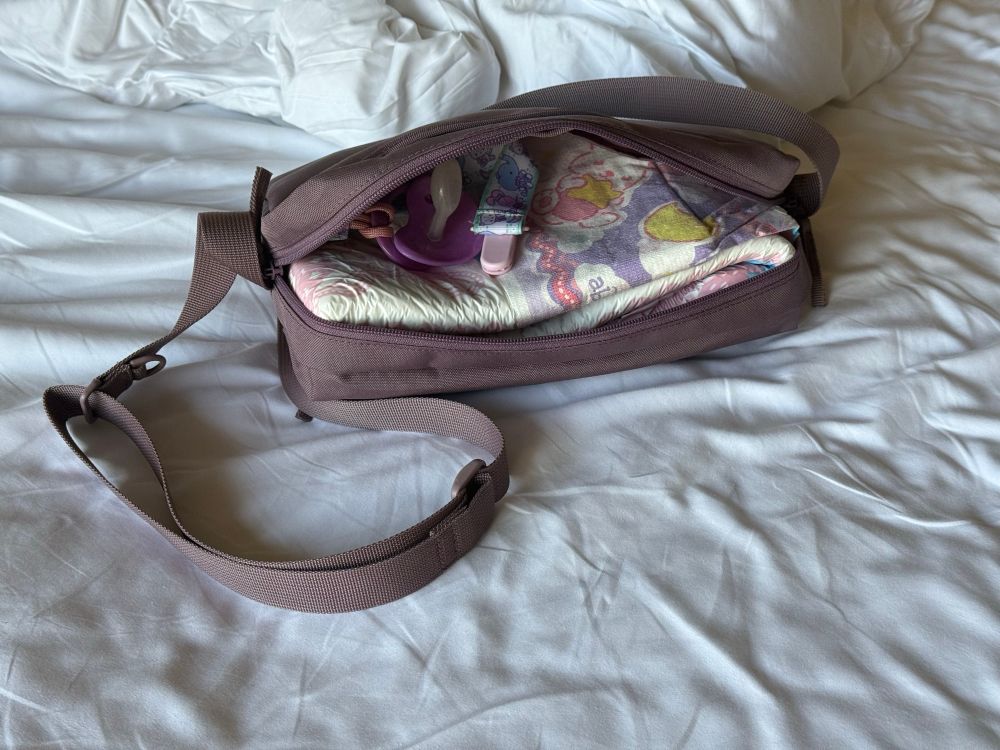 A purple purse sized to fit one bunnyhopps diaper and a pacifier. She’s not a big enough girl to need a wallet or credit cards, huh?  