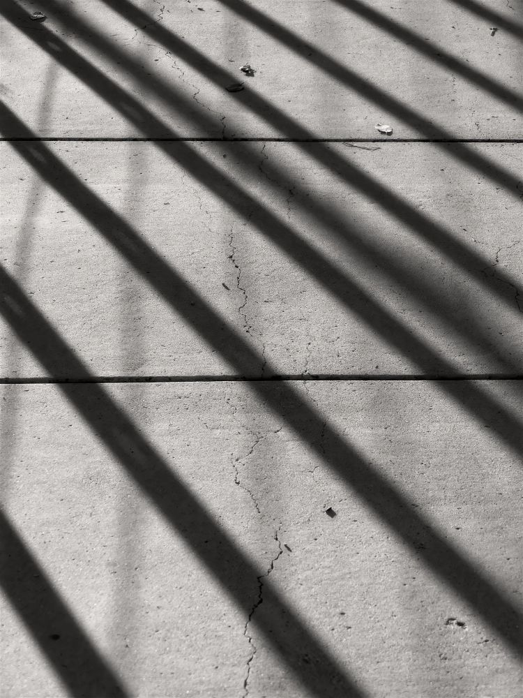 A monochrome image of the pattern of lines created by the shadows of a railing on a cement footbridge.