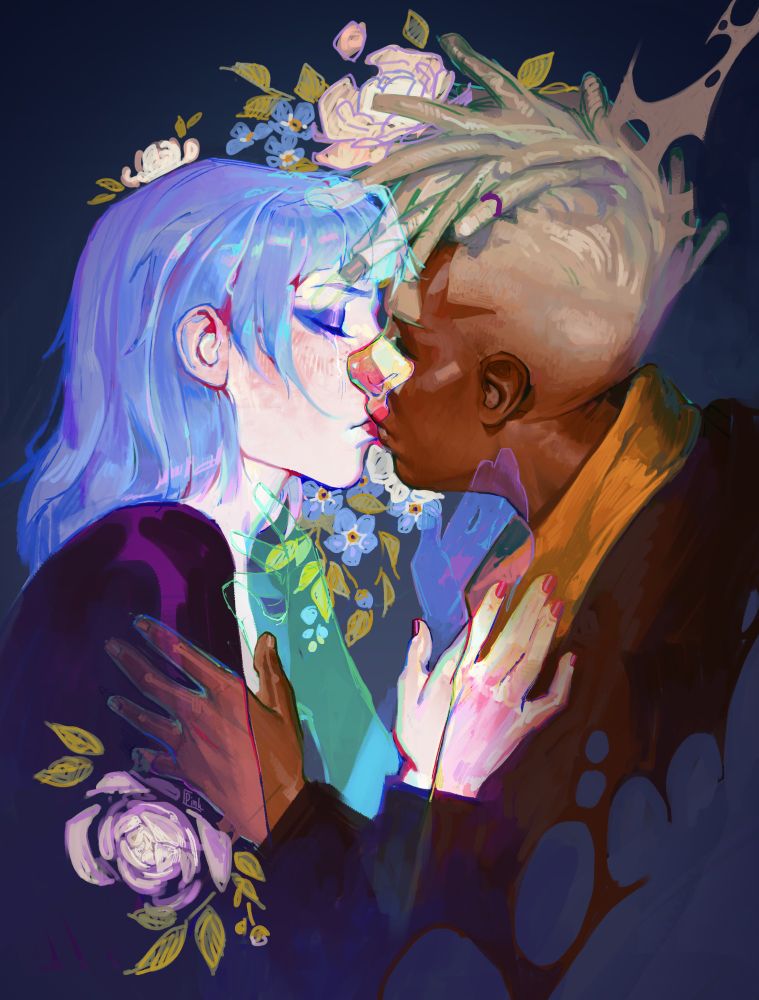 Ekko and jinx (powder) from an alternate universe kissing. Some parts of them are transparent and distorted, surrounded with forget-me-nots and white peonies 