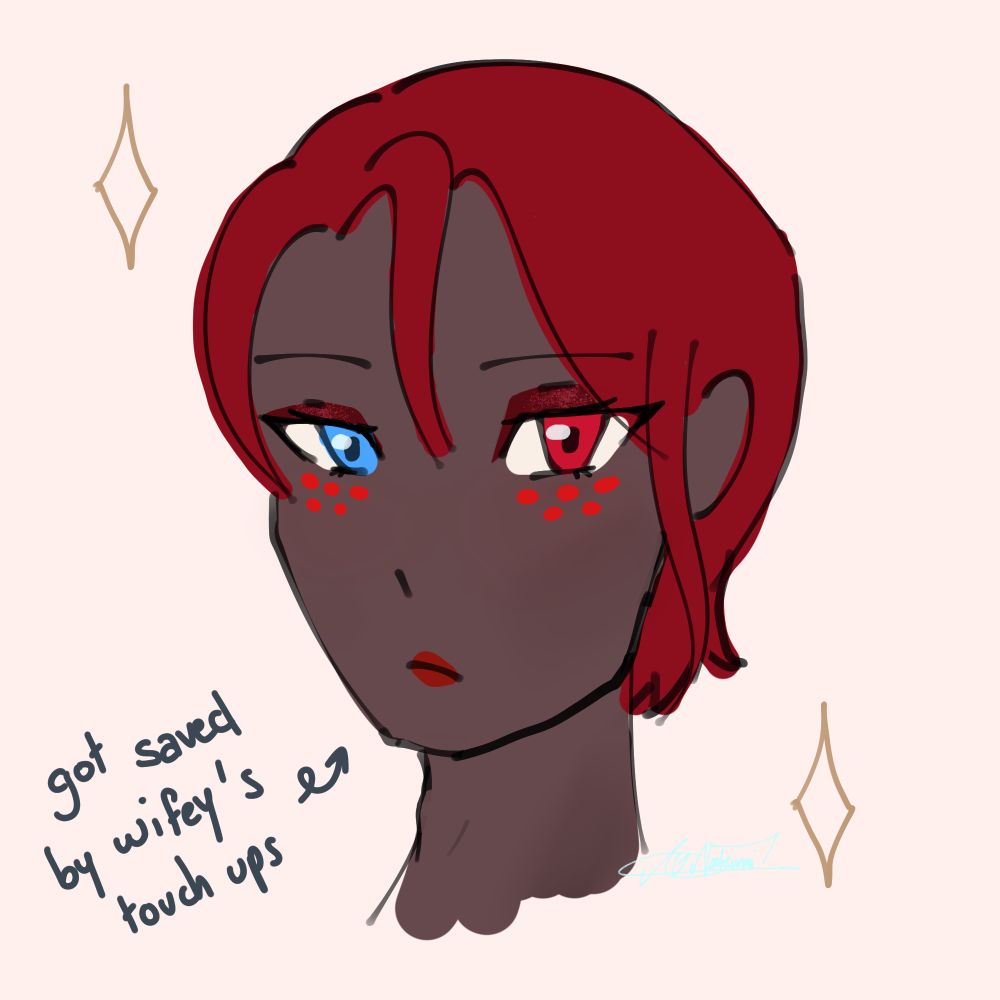 Lux with makeup
Red haired guy with heterochromia : left blue sky eye, right red sea eye
He has lipstick, eyeshadow with glitter, a hint of blush and contouring
He has sparkles around him

In the bottom left corner, we can see the comment "got saved by wifey's touch ups" with an arrow looping and pointing towards his face