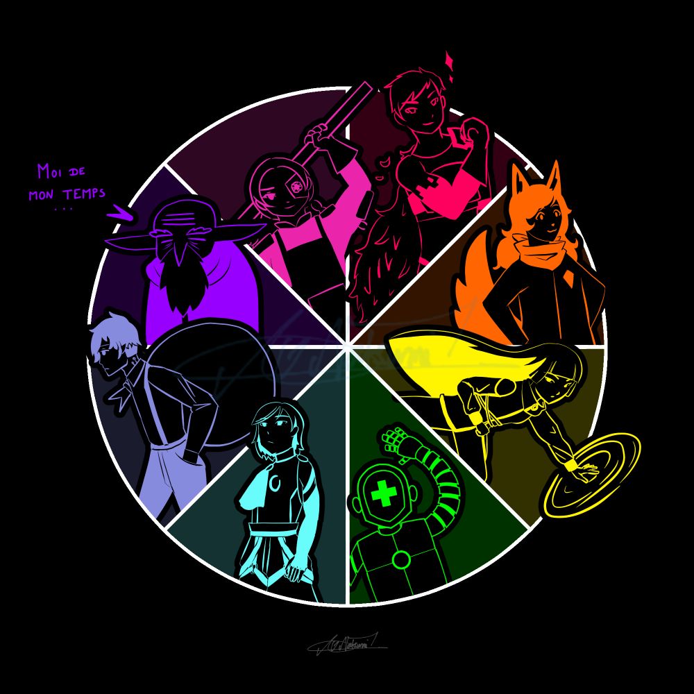 Colour wheel meme, en néon sur fond noir
Chevalier en rouge
Humaine avec des oreilles et une queue de renard en orange
Femme mage en jaune
Robot de soin en vert
Personnage principal en cyan
Elfe marchand en indigo
Très vieil elfe en violet
Naine forgeronne en rose
