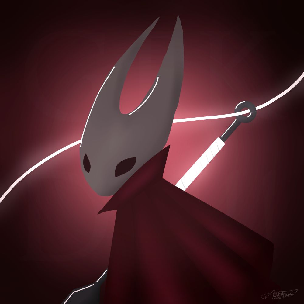 Hornet, le personnage de Hollow Knight avec un manteau rouge, une aiguille et du fil brillant en blanc qui regarde le spectateur.

Hornet, the character from Hollow Knight with a red cloak, a nail and a shiny white thread, looking at the viewer.
