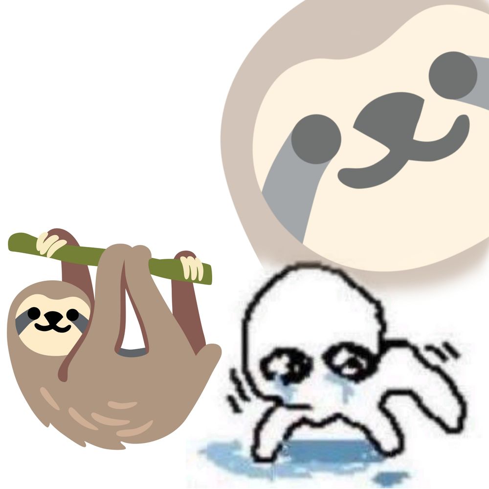 Reaction image of a person crying and slightly shaking with the sloth emoji placed to the left and another of the emoji's head slightly faded above the crying character.