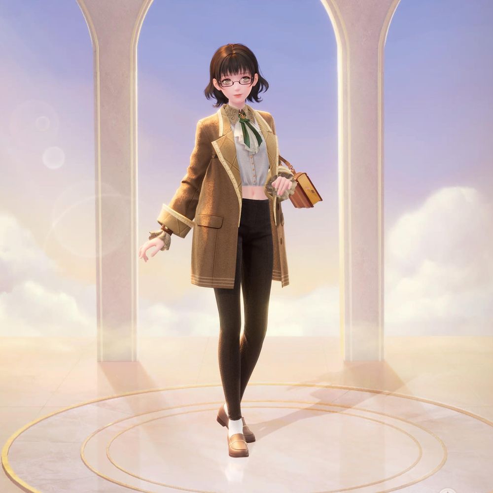 A screenshot from the game Infinity Nikki of the character dressed to look like Kazuo Yashiki from the horror visual novel Death Mark. The character is posed standing to get a full view of the outfit: Short dark brown hair and glasses, tan overcoat with fancy white crop shirt and dark teal neck tie, black leggings, white socks, and brown loafers, and a brown book bag.