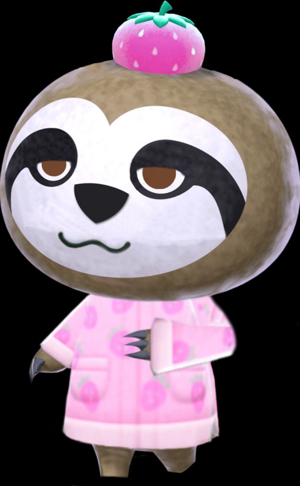 An edited picture of a sloth animal crossing character wearing pink strawberry pajamas and a strawberry hat.
