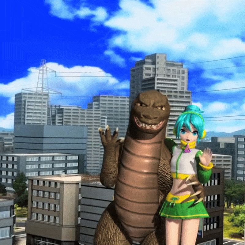 Gif shows a scene from the music video "Gigantic Girl" from the Project Diva series. The gif shows Hatsune Miku posing happily with Godzilla 