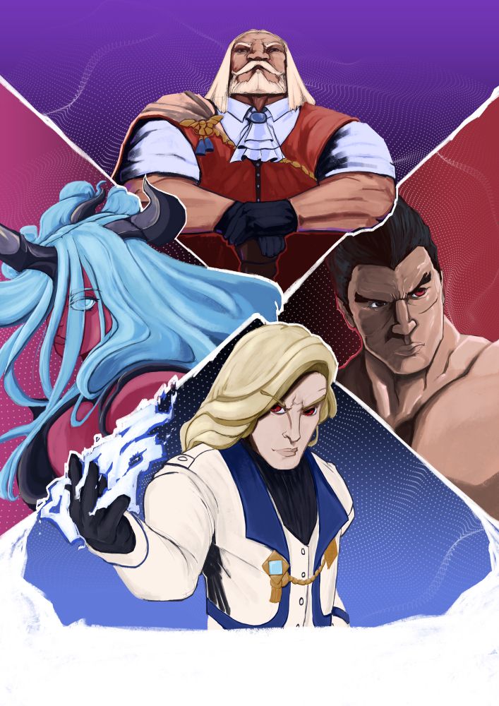 Poster in a cross intersection of Jp from street fighter 6, kazuya from tekken, kain from fatal fury and versusia from granblue fantasy versus rising