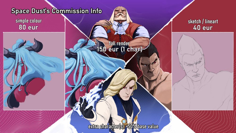 Space dust's commission sheet with examples for order prices: simple sketches or lineart are priced at 40 euro, simple colour pieces at 80 and fully rendered pieces at 150 euro. All prices are for single characters, with additional ones being priced at 50% of the base price of the chosen order.
