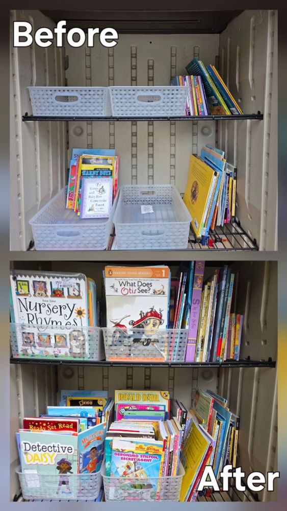 The shelves of our back stock of books. The top "before" picture shows the shelves empty. The bottom "after" picture shows the shelves full.