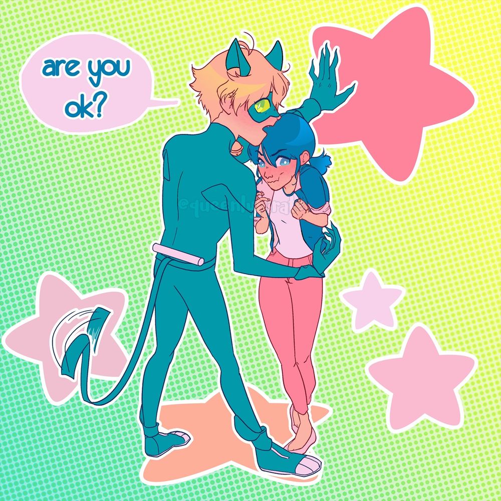 Chat Noir has his back turned to the viewer as he leans one hand on a wall behind Marinette and the other hovers protectively around her. He's glancing behind him, tail thrashing, while asking her, "Are yo okay?" Marinette squirms awkwardly, legs tangled in a weird pose, while she pulls at her jacket collar to hide her face. Its bright red, and she's holding her breath while looking away from Chat to try and recompose herself. The background is full of playful stars, implying that the two are in their own little world at the moment. 