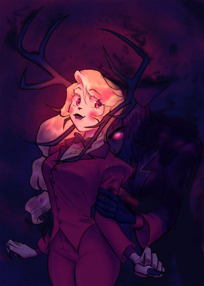 Charlie is happily oblivious to the expression Alastor is giving the viewer as he grabs her arms from behind. She's just pleased to have him there. His antlers frame her face in a possessive way, telling the viewer that Charlie is his without any words. He is stepping from out of the shadows to say this, the background swirling tumultuously around the two. His eye glows ominously.