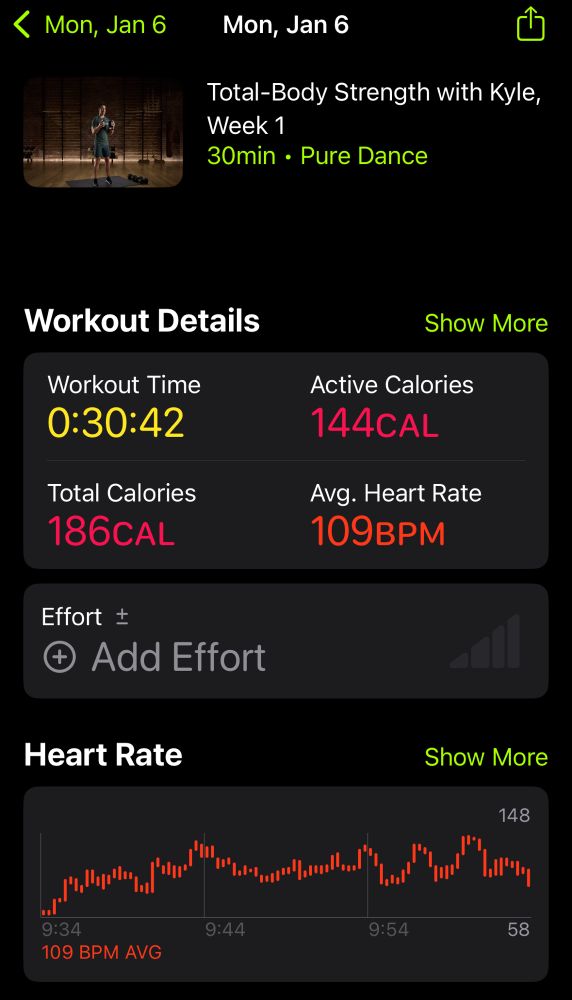 Total-Body Strength with Kyle, Week 1
30min

Workout Time
0:30:42

Total Calories
186CAL

Active Calories
144CAL

Avg. Heart Rate
109ВРM