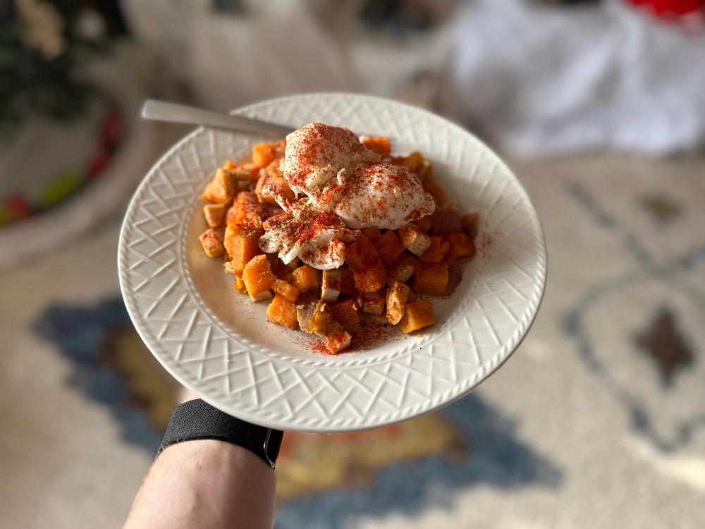 Sweet potato hash with chicken and eggs, plated
