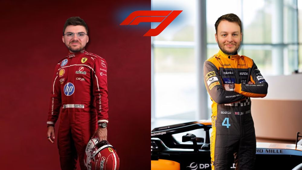 "A digitally edited image of two Formula 1 drivers with swapped faces. On the left, Ed is wearing a red Ferrari racing suit with sponsor logos, holding a helmet against a red backdrop. On the right, Ben is dressed in a McLaren racing suit in orange and black, standing with arms crossed in front of a blurred modern office setting with a McLaren F1 car partially visible behind him. The F1 logo modified as FJ is centred at the top of the image."