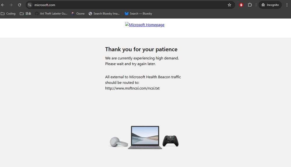 Screenshot of Microsoft.com being unavailable.