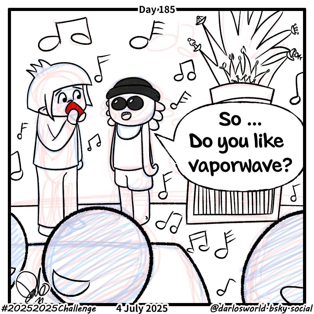 Drawing of Darlo and Hito hanging out at a stereotypical American house party, the kind you see on TV and in movies. Darlo is drinking from a big red cup. "So ... do you like vaporwave?" Hito asks Darlo.

4 July 2025 - Daily Drawing Day 185
#20252025Challenge
Today's Art Fight is Hito (LotlHito). I could imagine him at one of those American house parties you see on TV, complete with big red cups.

Hito on Art Fight: https://artfight.net/character/5744720.hito-axolotl-fursona

Darlo on Art Fight: https://artfight.net/~darlo

#ArtFight #Hito #Axolotl #Party #アートファイト #ヒト #ウーパールーパー #パーティー #BigRedCup #vaporwave #メキシコサンショウウオ #アホロートル #ビッグレッドカップ #ヴェイパーウェイヴ

Watch the time lapse video of this drawing on YouTube Shorts: https://youtube.com/shorts/XSt6OhQmct8

See the latest at https://darlosworld.bsky.social

The 2025 20-25 Challenge.

This year let’s get better at something by finding a little practice time most days, in my case drawing. - Do your activity for at least 25 minutes, at least 25 days per month.
- Use the hashtag #20252025Challenge on social media etc to track your progress
- Also use the hashtag to cheer on others.

That’s about it!

Have fun with your activities, whatever they may be!

Drawing, programming, dancing, cooking, make up, reading, languages, gardening, mastering high fives, sewing, astrophysics, vcr clock setting ...

#challengeyourself #challenge #Drawing #drawings #illustration #newyearsresolution #25minutes #xppen #clipstudiopaint #dailydrawing #イラスト #クリップスタジオ #絵 #絵画 #絵描きさんと繋がりたい #drawingoftheday #一日一絵 #art #digitalart #oc #一次創作