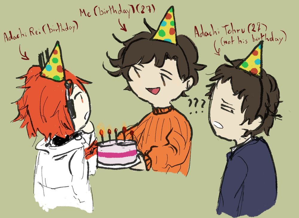 Me (Rebiko) happily offers a birthday to Adachi Rei who looks intrigued, while Tohru Adachi looks away behind his back with a very confused look. The texts say Adachi Rei (birthday), me (birthday (27), Adachi Tohru (27) (not his birthday)