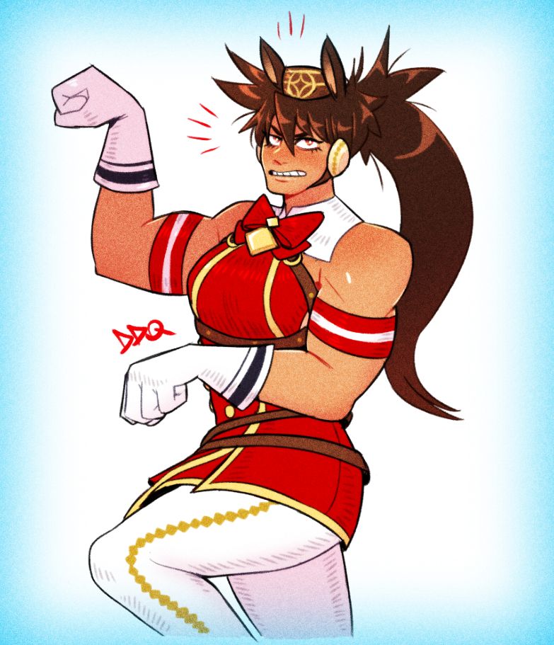 Sol Badguy from Guilty Gear, doing a prancing pose and wearing the costume of Gold Ship from Umamusume: Pretty Derby