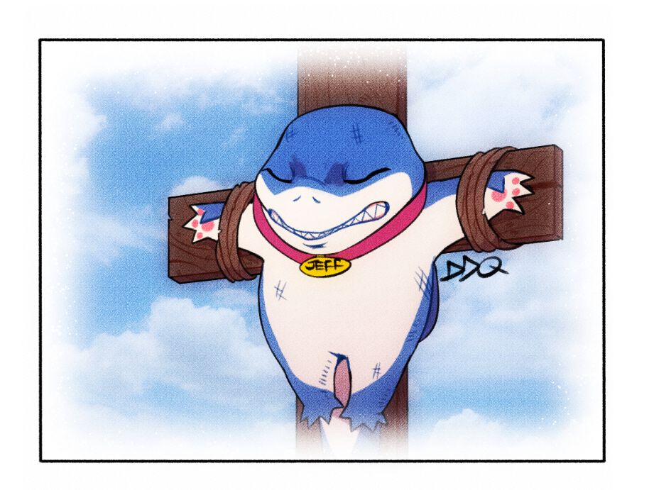 Jeff the Landshark(Marvel Rivals) scuffed up and tied to a wooden cross like Jesus