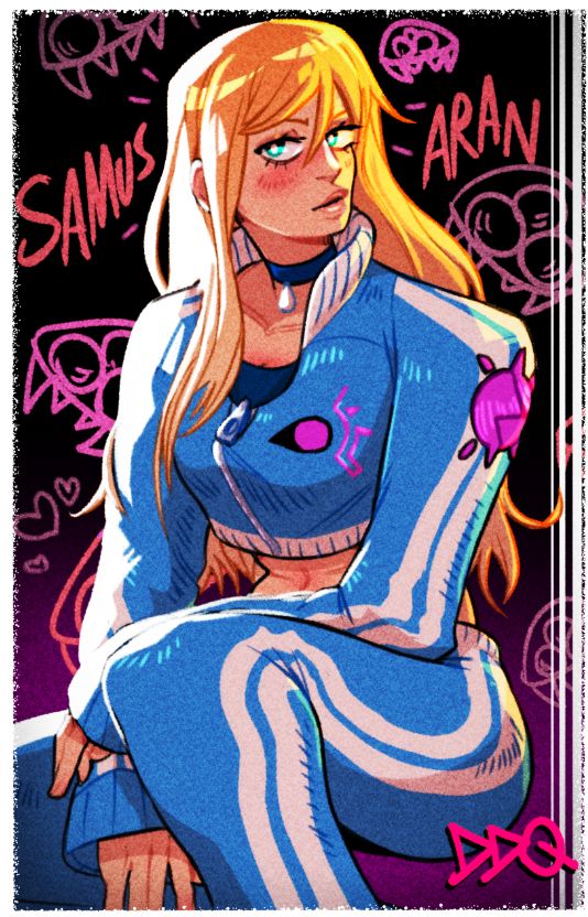Samus Aran, of the Metroid series, sitting with her arms in her lap, wearing a blue and white tracksuit with a similar motive to her Zero Suit design, surrounded by Metroid graffiti