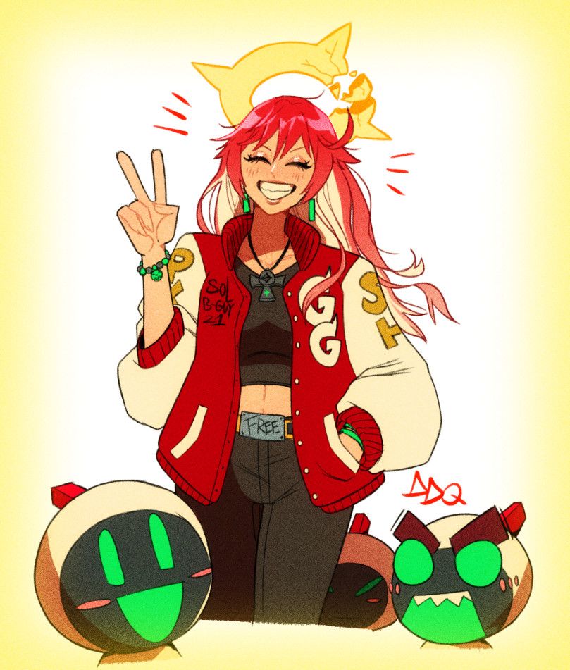 Jack-O Valentine from Guilty Gear Strive, smiling big and making a peace-sign with her hand, in the company of 3 of her servants. She's wearing a red and white letterman jacket with the text "Sol B-Guy '21" on one side and "GG" on the other.