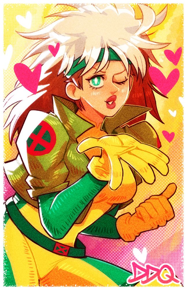 Rogue from X-men, winking, while blowing a kiss with one hand and giving a thumbs up with the other