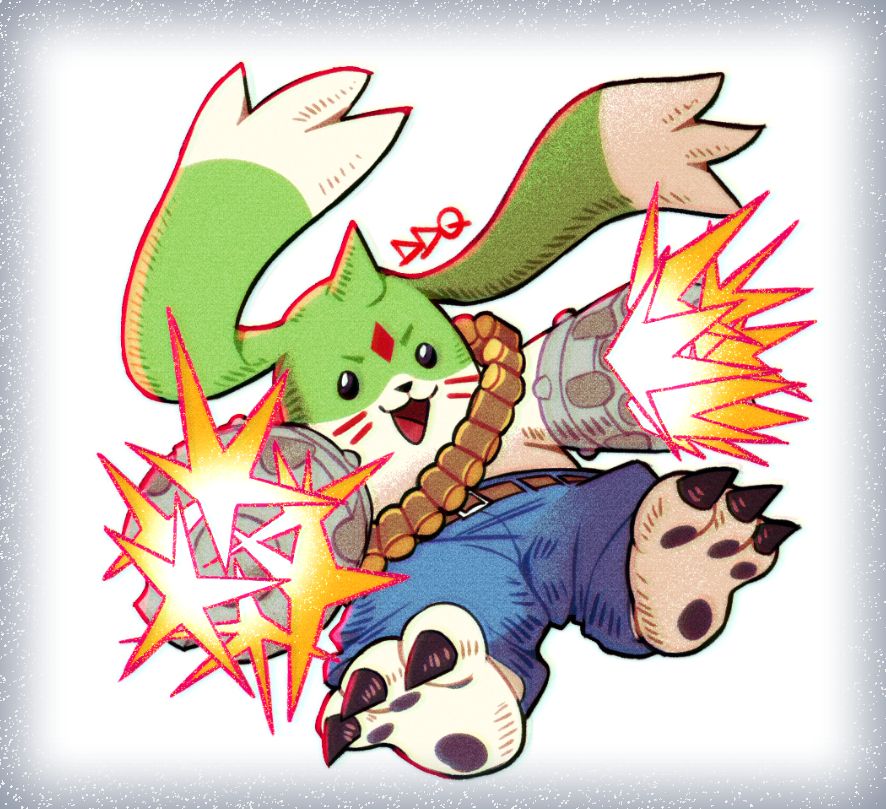 The Digimon, Gargomon, jumping/falling backwards while unloading the clips from it's gun arms.