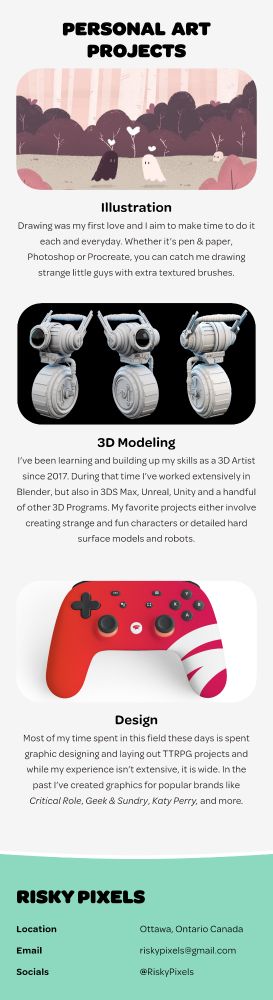 Personal Art Projects
Illustration: Drawing was my first love and I aim to make time to do it each and everyday. Whether it’s pen & paper, Photoshop or Procreate, you can catch me drawing strange little guys with extra textured brushes.

3D Modelling: I’ve been learning and building up my skills as a 3D Artist since 2017. During that time I’ve worked extensively in Blender, but also in 3DS Max, Unreal, Unity and a handful of other 3D Programs. My favorite projects either involve creating strange and fun characters or detailed hard surface models and robots.

Design: Most of my time spent in this field these days is spent graphic designing and laying out TTRPG projects and while my experience isn’t extensive, it is wide. In the past I’ve created graphics for popular brands like Critical Role, Geek & Sundry, Katy Perry, and more.

Contact Info:
Location - Ottawa, Ontario Canada

Email - RiskyPixels@gmail.com

Socials - @RiskyPixels




