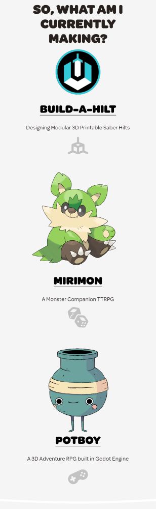 "So what am I currently making?" 
Build-a-hilt: Designing modular, 3D Printable Saber Hilts.
Mirimon: A monster companion TTRPG
Potboy: A 3D adventure RPG built in Godot Engine