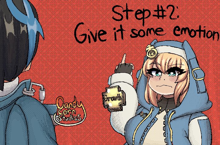 “Step 2: give it some emotion”

The picture looks the same as the last one but she is now frowning and the background is red