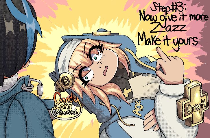 “Step #3: now give it zazz. Make it yours” Bridget gets closer to Unika and her back is bent up and she has her left hand holding her right in place while she is flipping off Unika. Bridget looks even more pissed now 