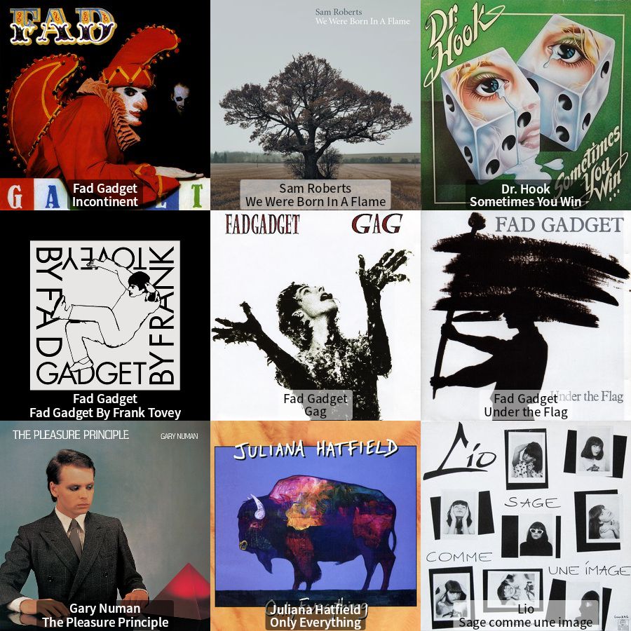 last.fm 3x3 grid Fad Gadget - Incontinent Sam Roberts Band - We Were Born In a Flame Dr. Hook - Sometimes You Win Fad Gadget -Fad Gadget By Frank Tovey Fad Gadget - Gag Fad Gadget - Under The Flag Gary Numan - The Pleasure Principle Juliana Hatfield - Only Everything Lio - Sage Comme Une Image 