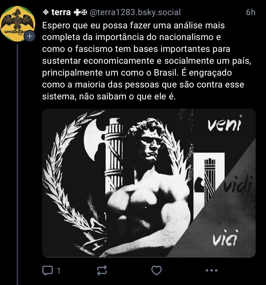 Print de um post onde o usuário diz: "Espero que eu possa fazer uma análise mais completa da importância do nacionalismo e como o facismo tem bases importantes para sustentar economicamente e socialmente um país, principalmente um como o Brasil. É engraçado como a maioria das pessoas que são contra esse sistema, não saibam o que ele é."