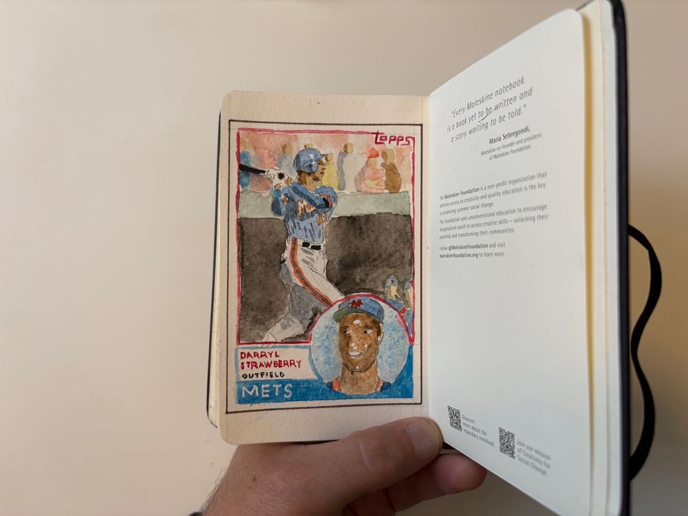 A watercolor sketch of 1983 Topps baseball card of Darryl Strawberry