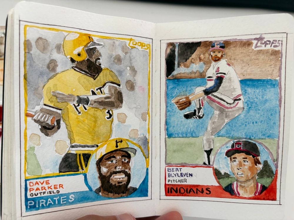 Watercolor sketches of Dave Parker and Bert Blyleven’s 1983 Topps baseball cards