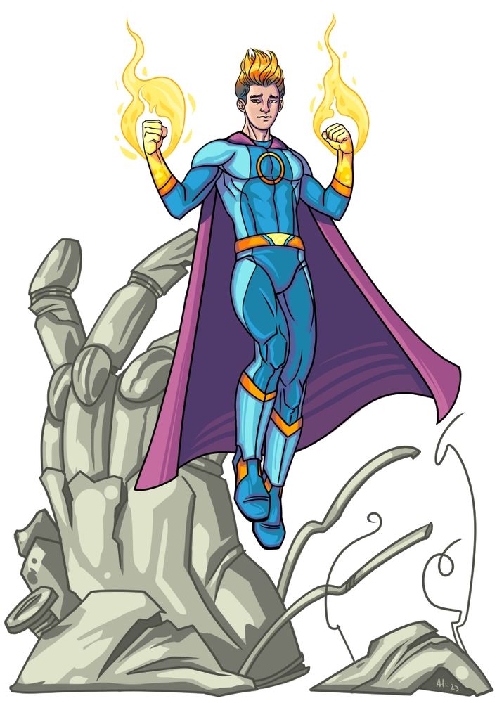 Fullbody coloured drawing of a hovering teenage superhero. His hands are surrounded by flames, he's wearing a dark and light blue superhero suit and a muted purple cape. His gloves and belt are yellow and orange. In the background there is a large metal robot hand, which shows battle damage.