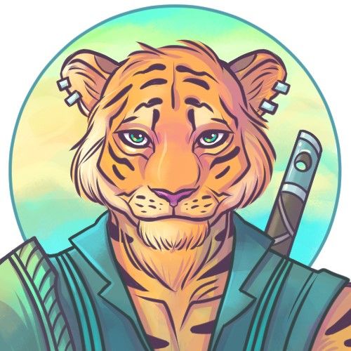 Digital coloured portrait of a tiger Tabaxi with a slight smile. They are wearing a sleeveless green shirt with collar and a leather shoulder pad. They have a sword strapped to their back and the sword handle can be seen.