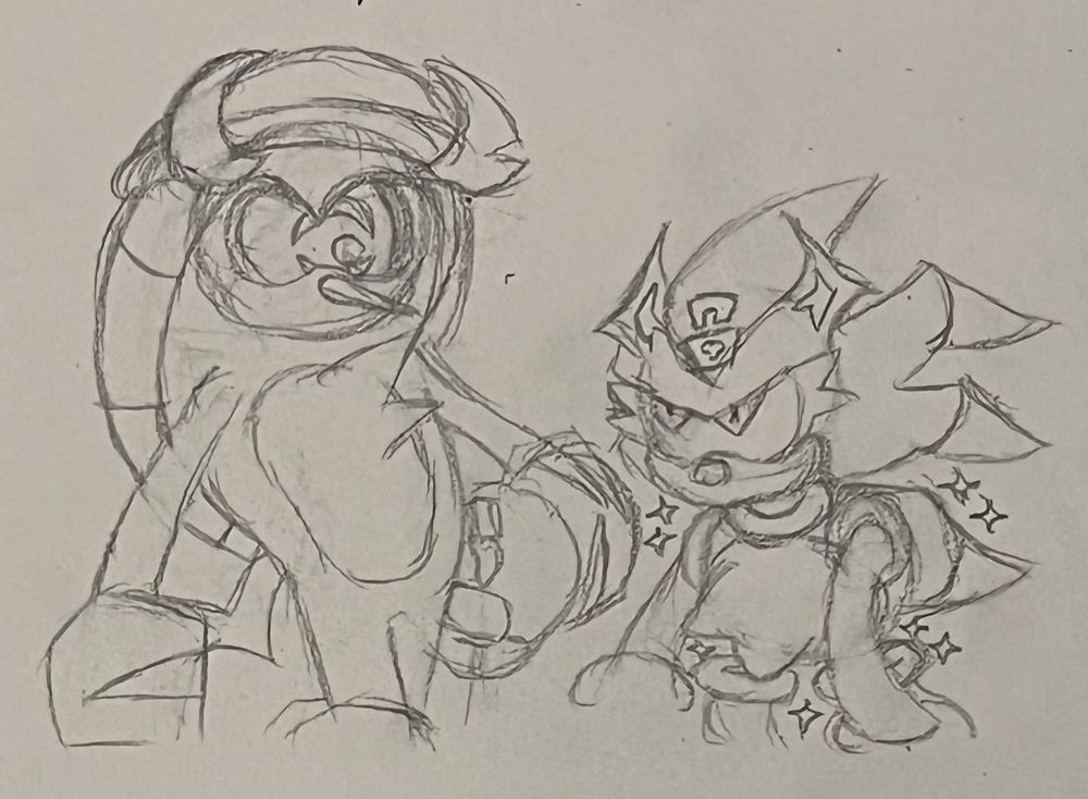 a drawing of rephrase and paraphrase together. rephrase is upright with a hand against his hip, eerily staring down at paraphrase. he's probably seething, but it's hard to tell. paraphrase is slouched over, gazing up at rephrase in complete silence. he's most likely unamused.