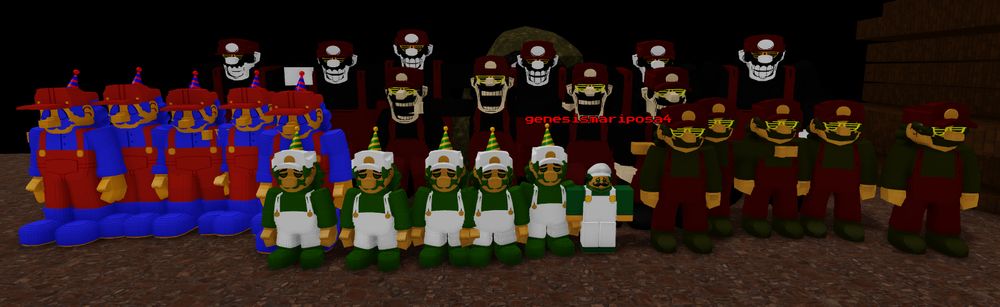 a photo of horrorbrew hijinx, specifically 1-1. there is a giant group of people posing for a photo! countless of MXs are in the back, with a big line of Mr. Video Games, Pipe Crawlers, and False Heroes in the front. the Lucas Horde stands in the front.