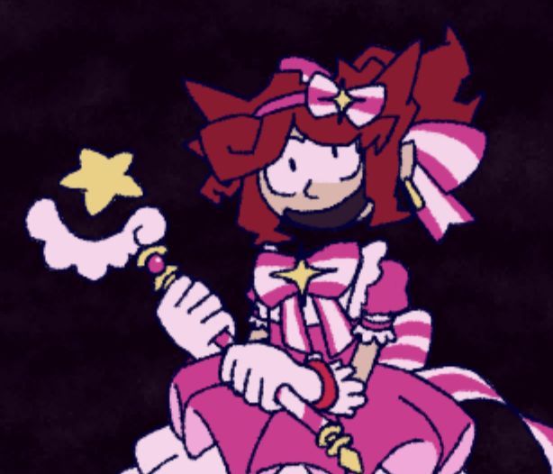 a drawing of rewrite sonic... particularly his human form. his red hair has gained a couple of pink bows in them, and his ears are pierced with gold earrings. they're wearing a magical girl outfit, very pink and poofy with big bows. he has white frilly gloves with the soul rings on each wrist, and is holding a striped magical staff with a sharp golden end and a wing and star for a head. this outfit is specifically the one miku wears in "RETRY NOW" by NAKISO.